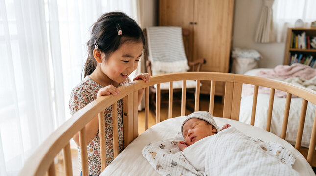 ベビーベッドで眠る新生児の赤ちゃんを愛おしそうに見つめるお姉ちゃん