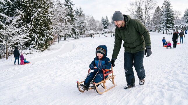 Father Pushing Son on Sled Through Snowy Park Enjoying Winter Fun
