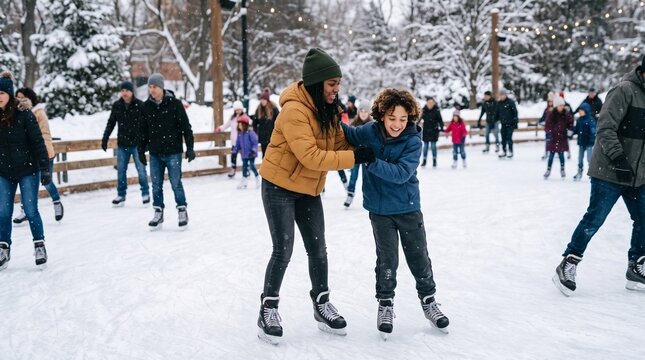 Mother and son ice skating together in a snowy park during winter