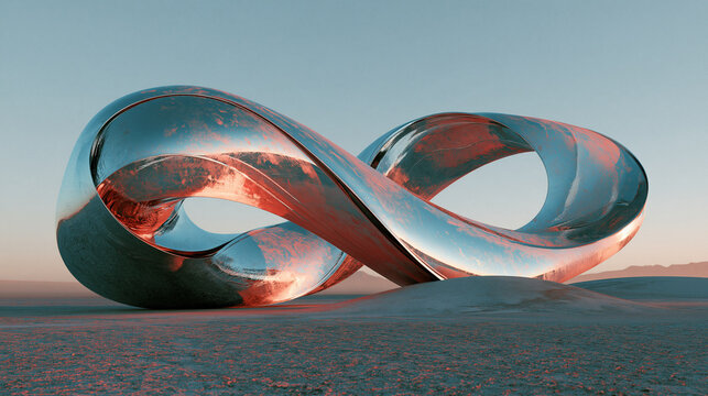 Liquid chrome ribbon sculpture twisting above a pale desert floor at dawn, with plenty of empty space for text