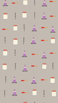 Pattern of jars, syringes, traffic cones, and screwdrivers