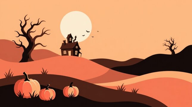 Haunted house at sunset with pumpkins and bare trees