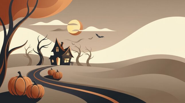 Halloween witch flying over spooky autumn landscape at night