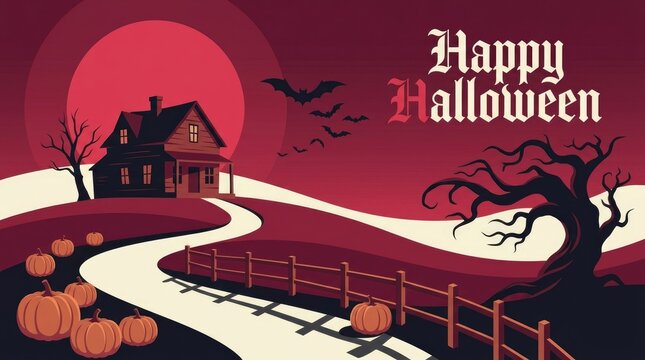 Happy Halloween illustration with haunted house and pumpkins