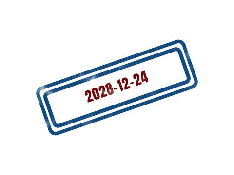 Blue stamp with date 2028 12 24 in modern style isolated on transparent background