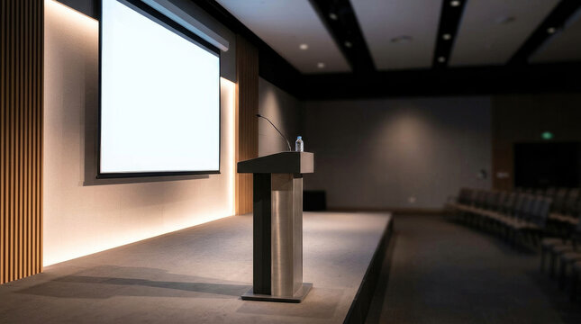 A dark conference hall features a large projection screen and a podium. The screen is illuminated, casting a bright light onto a gray surface.