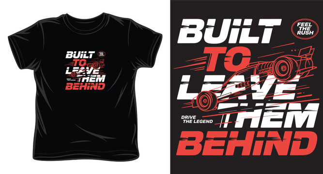 Dynamic black t-shirt design featuring a racing car graphic and typography, conveying a message of speed.