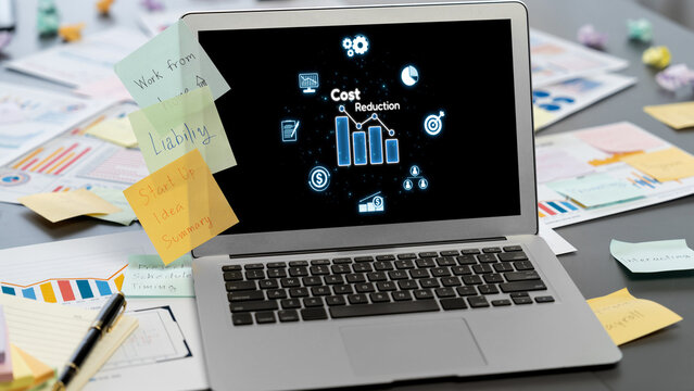 Cost reduction, cost saving concept shown on computer screen brisk, corporate business efficiently save cost and company resources by reduction of unnecessary expenses