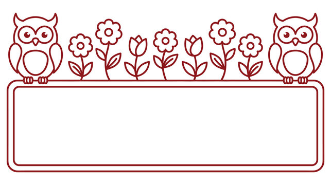 Cute cartoon owls with flowers outline banner template for spring or summer message board.