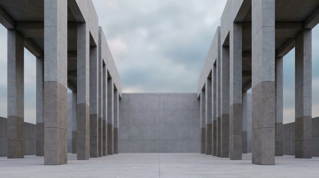A massive concrete structure dominates the scene, featuring a long corridor flanked by towering, gray columns. The columns support a solid concrete wall that stretches into the distance.