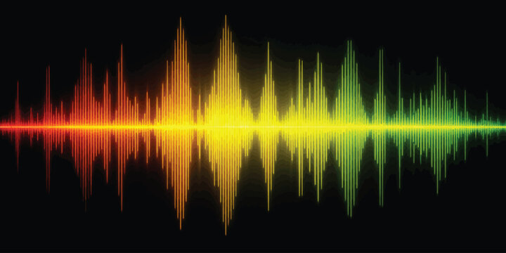 Colorful audio equalizer sound wave bars on black background with audio waveform rainbow gradient music technology digital signal frequency sound spectrum dynamic waves music visuali