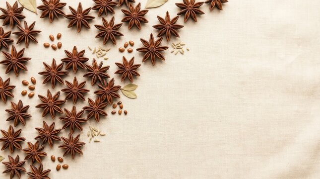 Star anise seeds and pods are arranged on a beige linen background. The spices create a visually appealing pattern and texture.
