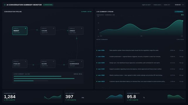 Dark 4k screen recording ai conversation summary monitor dashboard streaming live summaries through six pipeline stages, for data processing analytics tracking