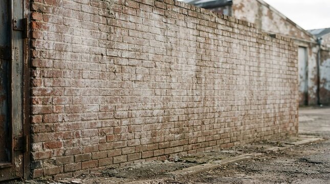 Old weathered brick wall near warehouse with rusty metal door