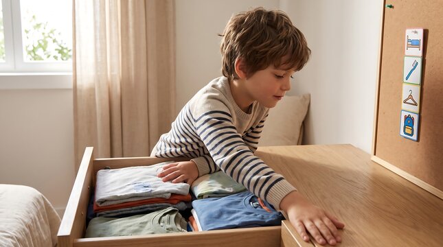Child Organizing Clothes Independently In Bedroom Drawer