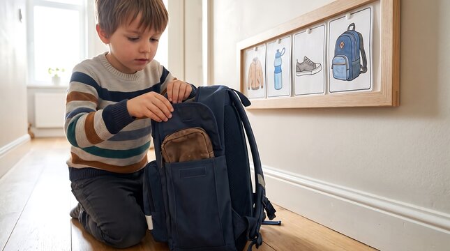 Child Organizing Backpack Independently Before School