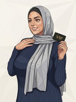 Illustration of a smiling young woman wearing a hijab holding a VIP membership card.