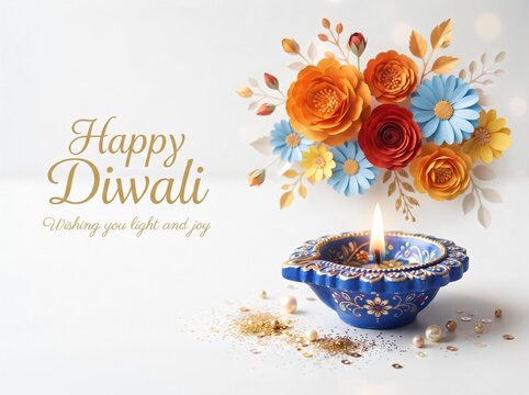 Happy Diwali Banner with 3D Papercraft Flowers and Painted Blue Clay Diya