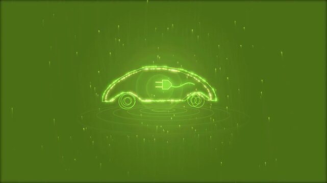 Digital illustration of a glowing green electric car outline with a charging plug icon on a dark background