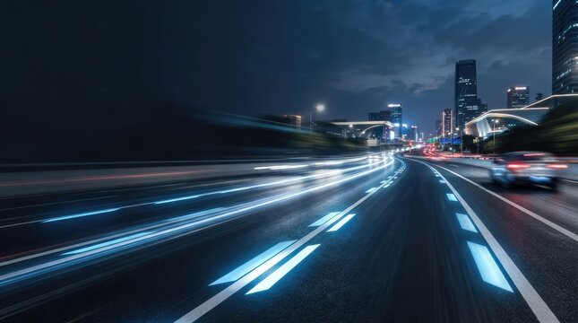 A speeding car streaks down a highway at night, leaving a blurred trail of light. City skyscrapers rise in the background under a dark, cloudy sky.