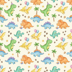 Cute cartoon dinosaurs celebrating with party hats and balloons pattern © owell
