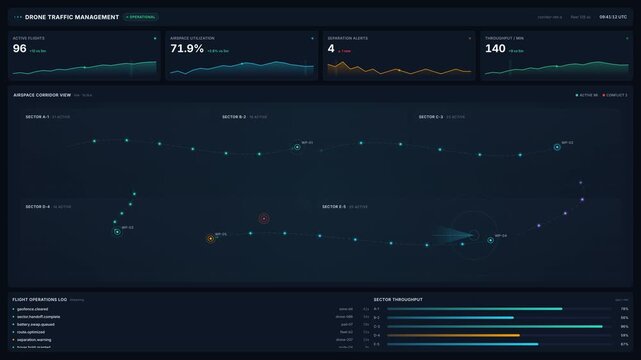 Futuristic drone traffic management system interface in 4k, for air space control, logistics, unmanned aerial vehicle monitoring, smart city digital navigation technology