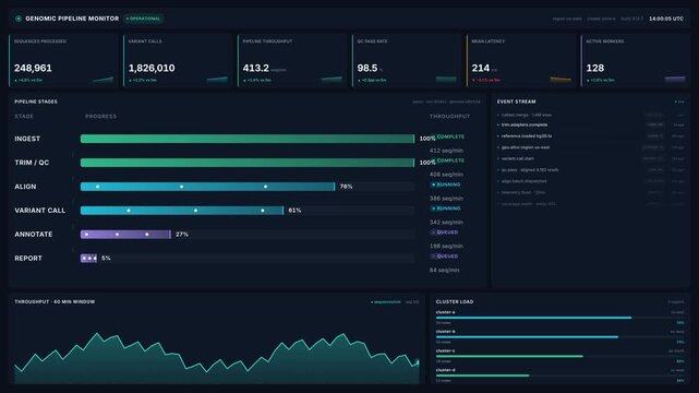 Genomic pipeline monitor dashboard with live progress bars, 4k analytics interface, for real-time data processing, quality control, system performance monitoring