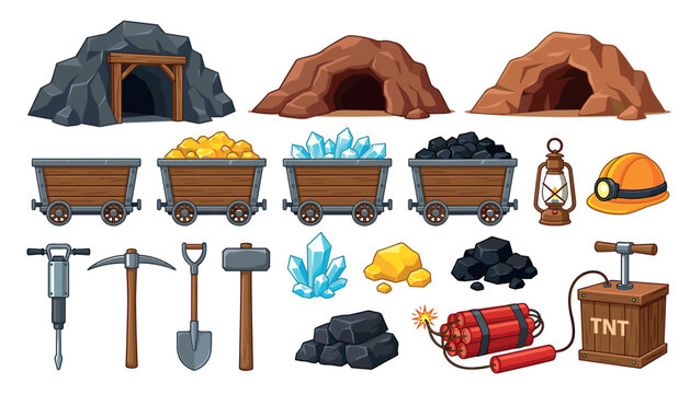 Mining game asset and tunnel entrance vector element set. Mine cart with gold, diamonds and coal, jackhammer, pickaxe, shovel, lantern, helmet, tnt dynamite and rocks.