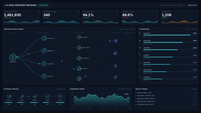 Glowing 4k ai legal precedent matching dashboard interface with node graph, similarity scores analytics panels, for legal research, case review, citation accuracy smart