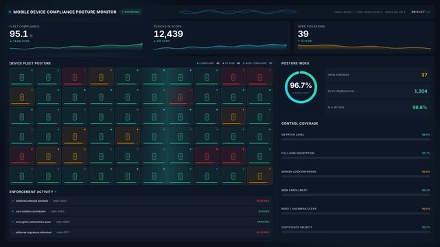 Mobile device compliance posture monitor dashboard with 4k security metrics data analytics, for enterprise cybersecurity, risk management, system monitoring