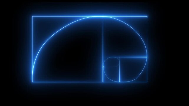Glowing blue neon golden ratio spiral geometry animation on a solid black background.Ideal for science documentaries, mathematical art presentations