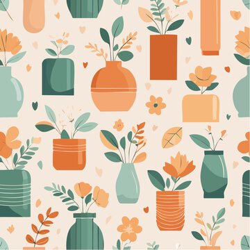 Vase Arrangement Collection: A whimsical assortment of potted plants in various terracotta and teal ceramic vases, adorned with tiny hearts and scattered flowers.