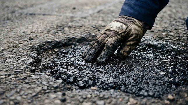 Worker hand in protective glove checking fresh hot asphalt patch on street