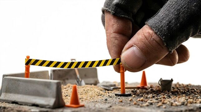 Worker hand setting up miniature construction site barrier and cones on sandy ground