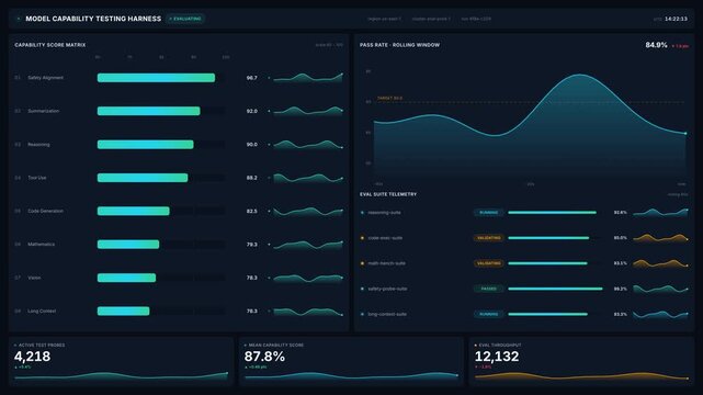 Modern 4k software dashboard with analytics, capability metrics, test results in real time, for artificial intelligence performance monitoring digital system evaluation