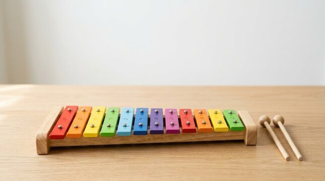 A wooden toy xylophone rests on a light wood table. The xylophone has colorful keys and a wooden frame.