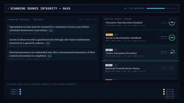 A sophisticated AI source citation dashboard displays validated responses against trusted enterprise documents in a dark navy-black interface with dynamic visual elements.