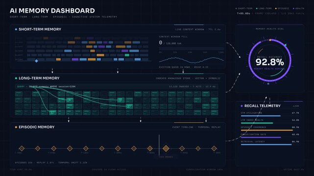 Explore a sophisticated AI memory dashboard featuring short-term, long-term, and episodic memory panels with vibrant colors and interactive animations in a dark cognitive interface.