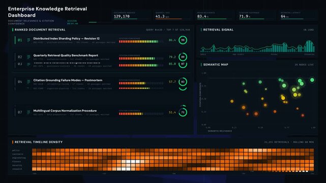 Explore an advanced enterprise knowledge retrieval dashboard showcasing document relevance and citation confidence with a sleek dark design and dynamic visual elements in 4K resolution.