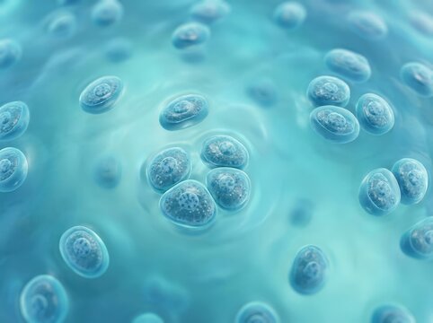 Abstract close-up of translucent microbe cells in a soft blue environment with a calming aesthetic