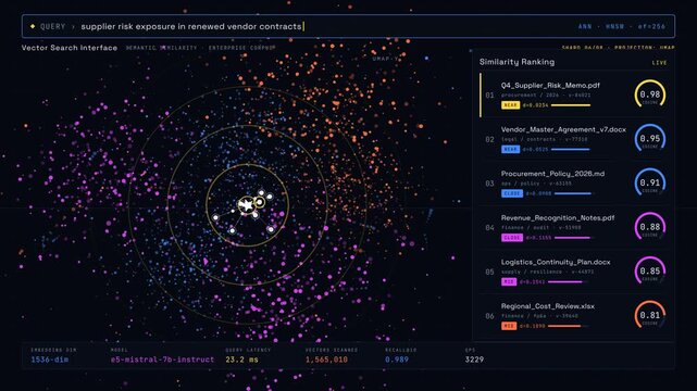 Experience a stunning 4K vector search interface showcasing semantic similarity scores across enterprise documents with vibrant 3D visualizations and dynamic animations.