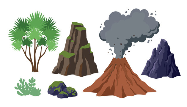Volcano and prehistoric landscape vector element set. Erupting mountain with smoke cloud, jagged rocks, mossy cliffs, tropical palm tree, wild bushes and prehistoric game assets.