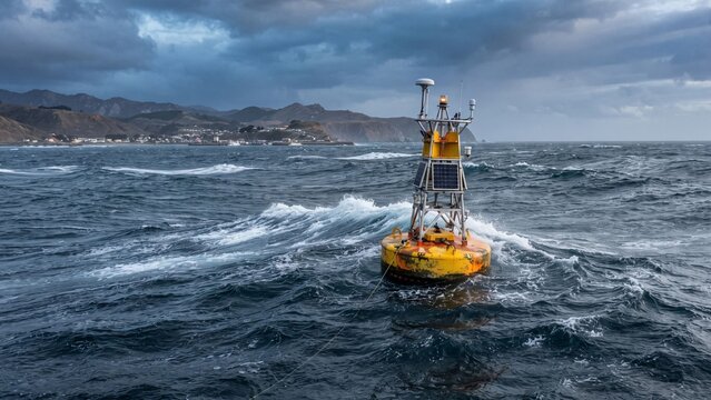 World tsunami awareness day early warning buoy in stormy deep sea