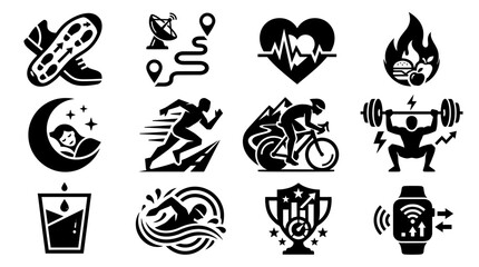 Fototapeta premium Set of black and white health and fitness icons depicting exercise activities and lifestyle habits with exercise activity lifestyle wellness weightlifting swimming tracking vitality training