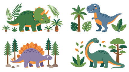 Friendly dinosaur character collection featuring triceratops t-rex stegosaurus and neck. © Md