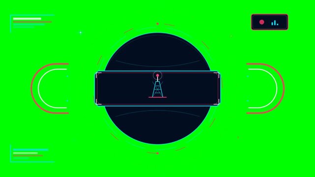 Futuristic digital communication HUD interface with antenna tower icon on green screen background