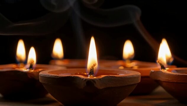 Five Clay Diya Lamps Flickering In Row Dark Background