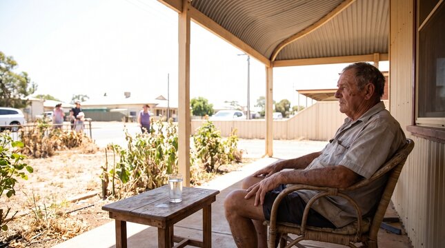 Elderly man sitting on a porch in a rural town on a hot day