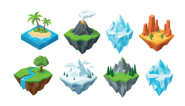 Isometric floating island and fantasy game biome vector set. Tropical oasis, smoking volcano, crystal iceberg, desert canyon, waterfall river, snowy mountain and nature landscape element.