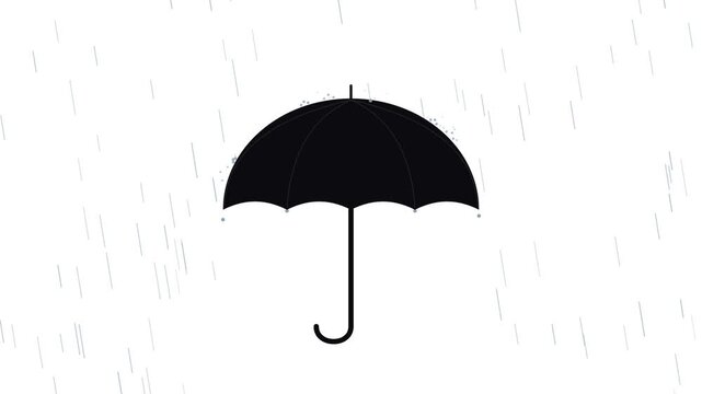 Black Umbrella Icon with Falling Rain Animation on White Background